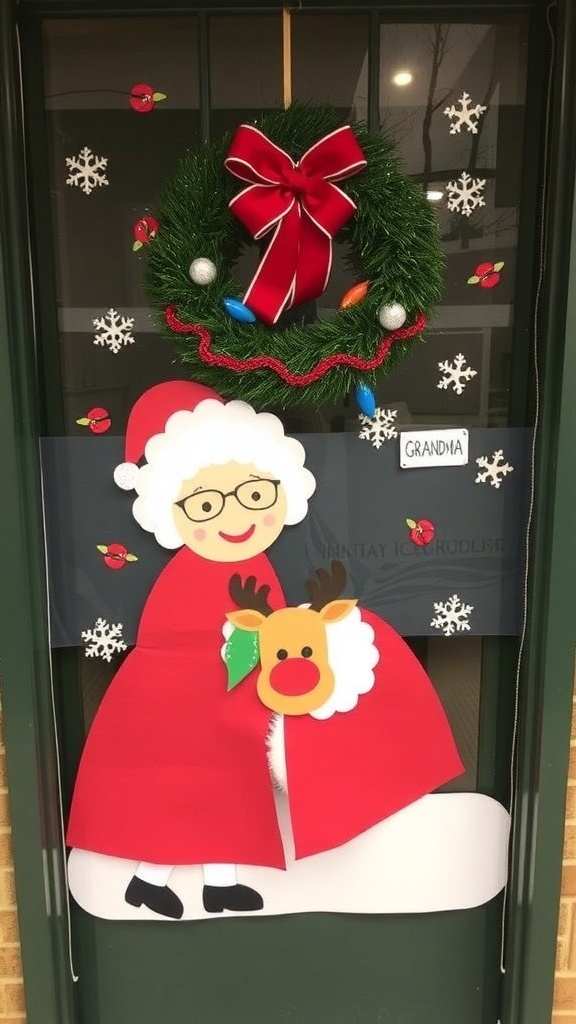 Grandma Got Ran Over by a Reindeer Door Decoration Contest A decorated door with a humorous scene of Grandma and a reindeer, surrounded by Christmas decorations.